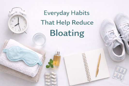 clean lifestyle flat lay showing everyday habits that help reduce bloating