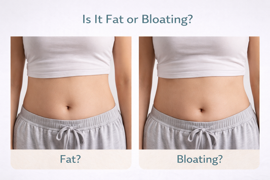 side by side comparison showing the difference between fat and bloating in the stomach