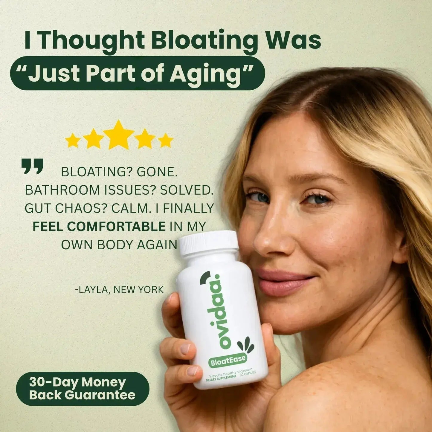 Woman testimonial for BloatEase - stopped bloating after eating with digestive enzymes