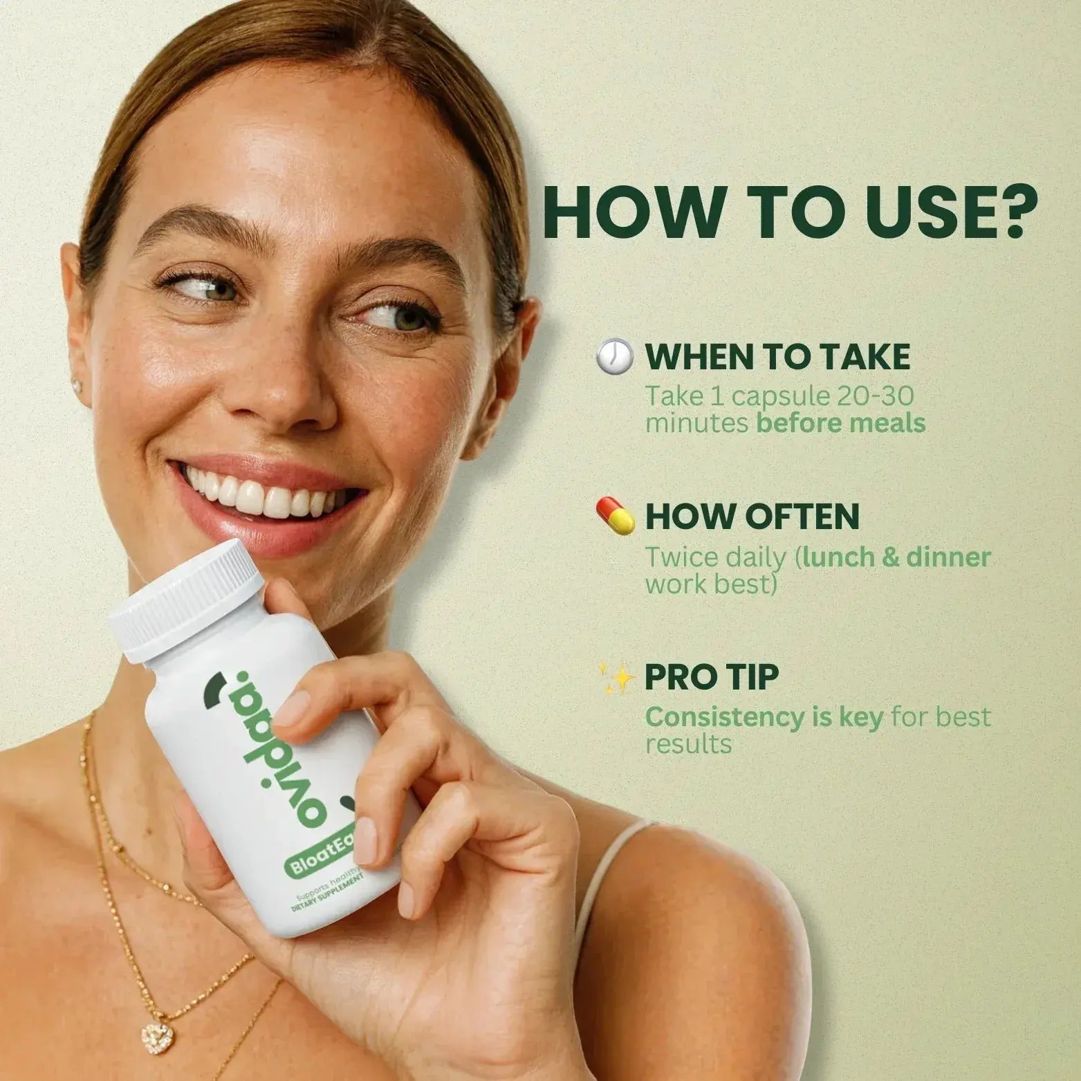 Woman taking BloatEase digestive enzyme capsules before eating to prevent bloating