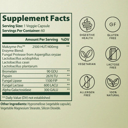 Digestive enzyme supplement facts - vegan, gluten-free, allergen-free formula